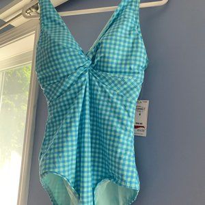 NWT Lands' End Women's Twist Front One Piece Swimsuit in Aqua Gingham, size 8